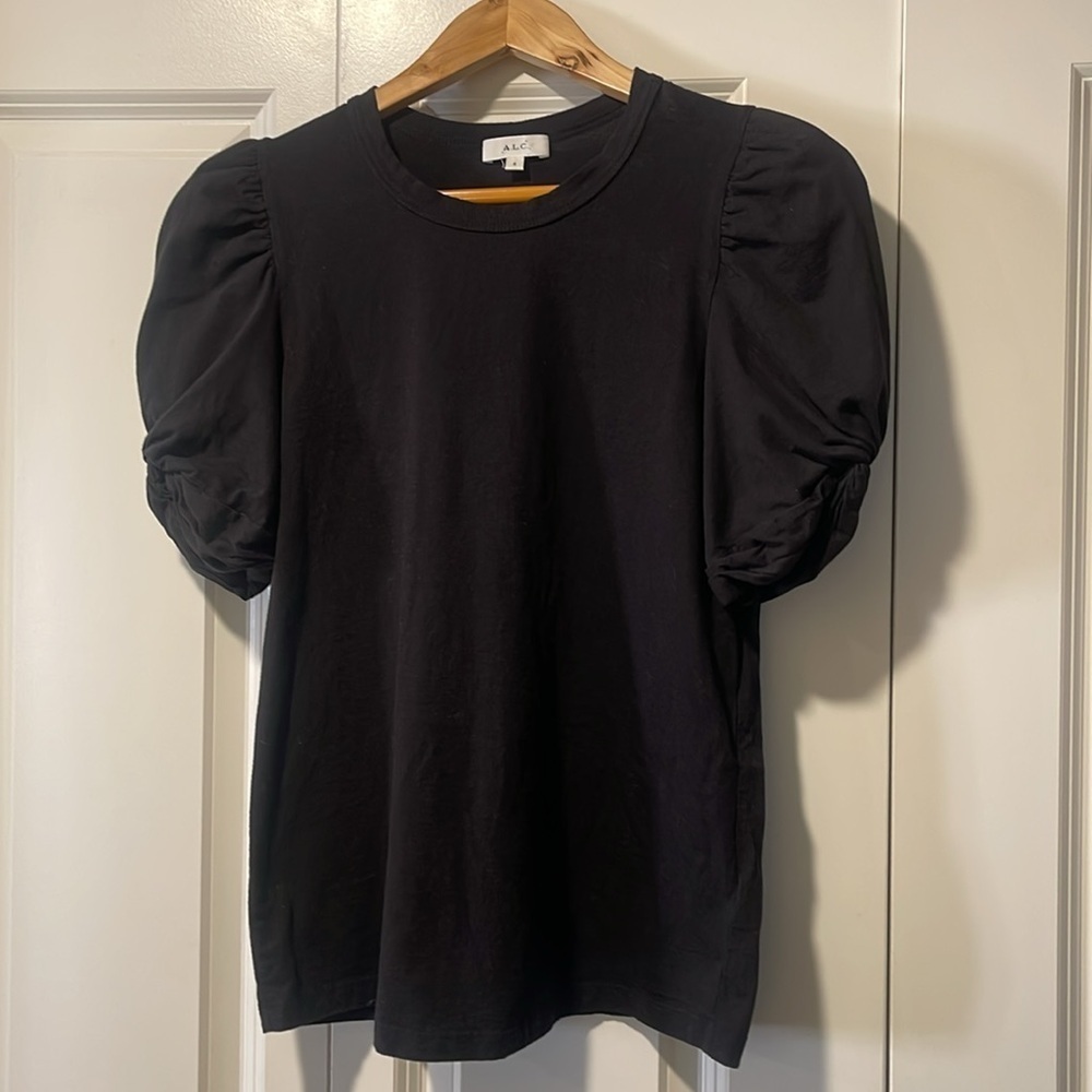 A.L.C. Kati Cotton Ruched Puff sleeve Cotton Top Shirt Tee Black Small - Picture 4 of 9